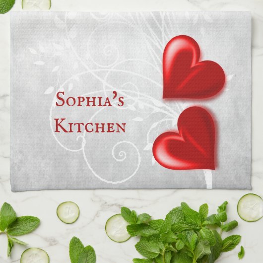 赤いハートパーソナライズされたキッチンタオル キッチンタオル (折り畳み)