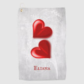 赤いハートパーソナライズされたゴルフタオル ゴルフタオル (正面)