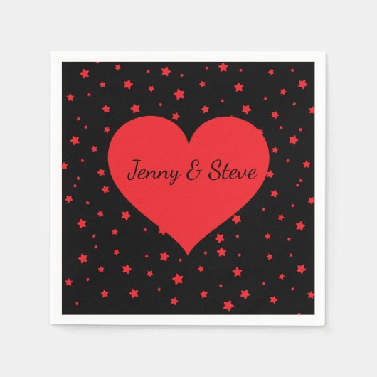 赤いハートパーソナライズされたブラックカクテルナプキン スタンダードカクテルナプキン (正面)