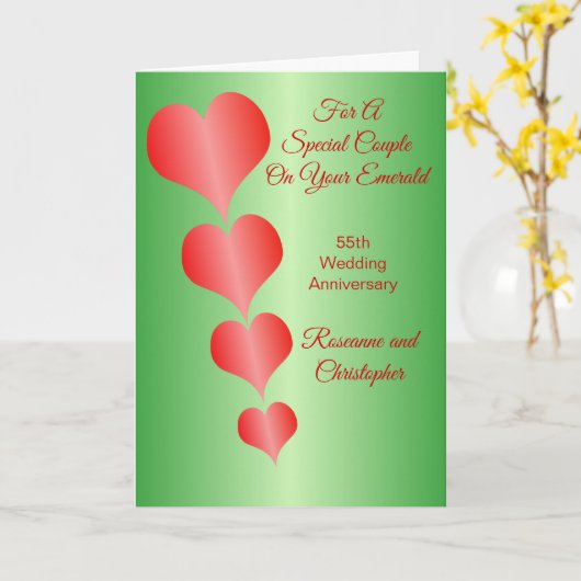 赤いハートパーソナライズされた55結婚周年記念 カード (黄色い花)