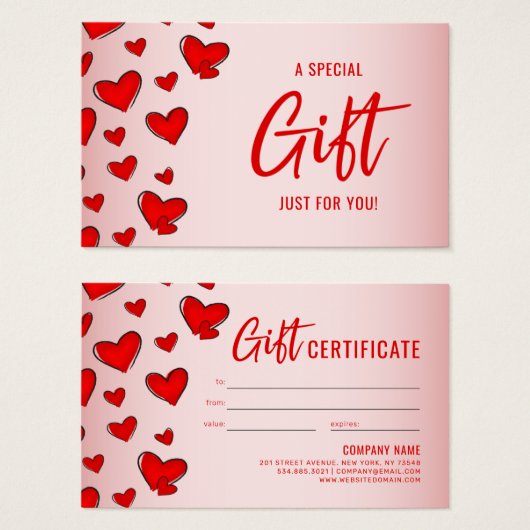 赤いハートピンクバレンタインのギフト券 (正面&裏面)