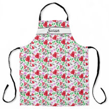 赤いハートピンクフラワーズオールオーバープリントエプロン