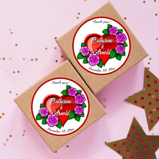 赤いハートピンクローゼスサンキューユー結婚式の引き出物 ラウンドシール