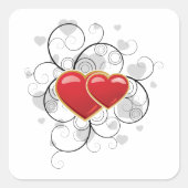 赤いハートファンシースクエアステッカー スクエアシール (正面)