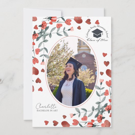 赤いハートフローラ写真の卒業発表 招待状 (正面)