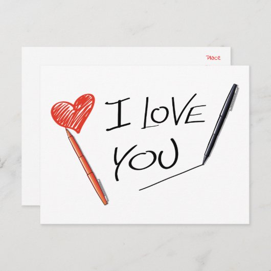 赤いハートブラック愛するペン結婚の婚約 案内ポストカード (正面/裏面)