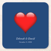 赤いハートブルーモダンミニマ結婚リスト スクエアペーパーコースター (正面)