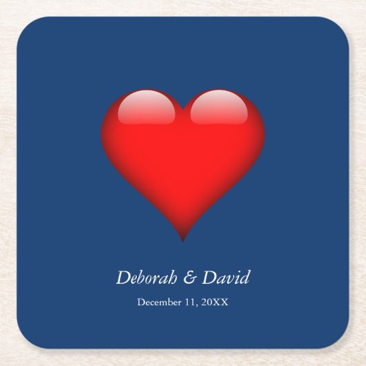 赤いハートブルーモダンミニマ結婚リスト スクエアペーパーコースター (正面)