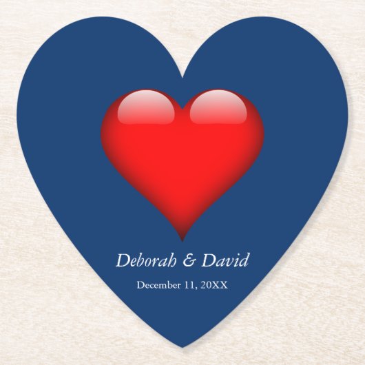 赤いハートブルーモダンミニマ結婚リスト ペーパーコースター (正面)