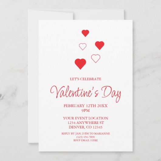 赤いハートミニマリストバレンタインデーパーティー 招待状 (正面)