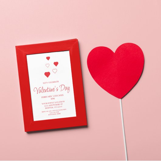 赤いハートミニマリストバレンタインデーパーティー 招待状
