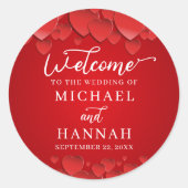 赤いハートモダンエレガントなウェディングウェルカム ラウンドシール (正面)