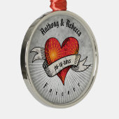 赤いハートモダンカップル名バレンタインデー メタルオーナメント (右)