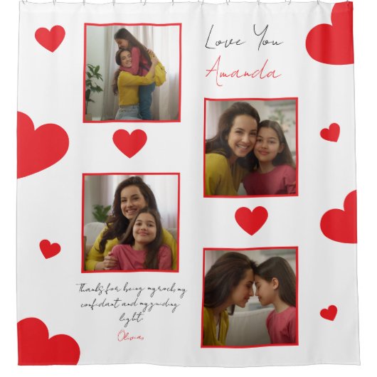 赤いハートモダン兄弟姉妹フォトコラージュ シャワーカーテン (正面)