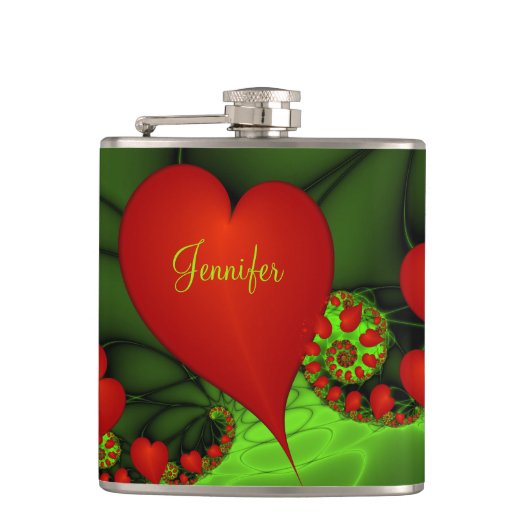 赤いハートライムグリーンモダン抽象芸術フラクタル名 フラスク (正面)