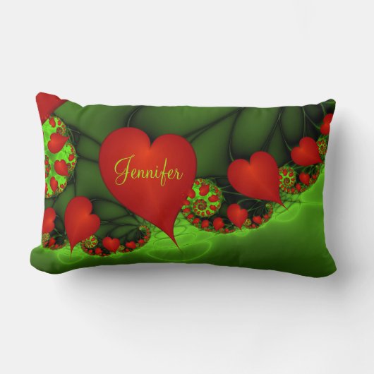 赤いハートライムグリーンモダン抽象芸術フラクタル名 ランバークッション (正面)