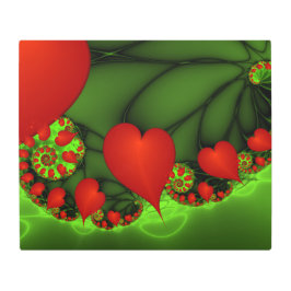 赤いハートライムグリーンモダン抽象芸術フラクタル メタルプリント