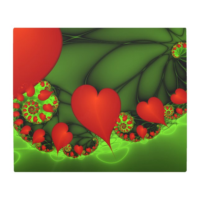 赤いハートライムグリーンモダン抽象芸術フラクタル メタルプリント (正面)