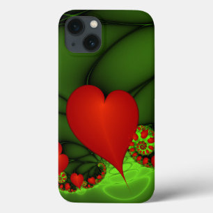 赤いハートライムグリーンモダン抽象芸術フラクタル iPhone 13ケース