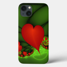 赤いハートライムグリーンモダン抽象芸術フラクタル iPhone 13ケース