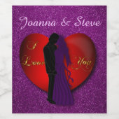 赤いハートラバーズパープルフェイクグリッター ワインラベル (シングルラベル)