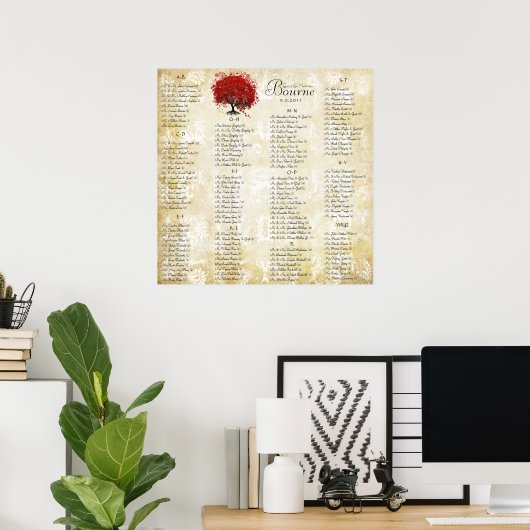 赤いハートリーフダマスコウェディングシーティングチャート ポスター (ホームオフィス)