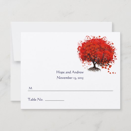 赤いハートリーフツリー折り畳みテントカードへの転送 出欠カード (正面)