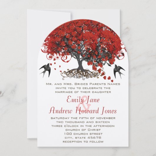 赤いハートリーフツリー結婚式招待状 招待状 (正面)