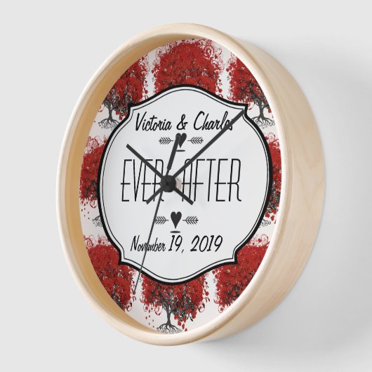 赤いハートリーフツリー 壁時計 (傾斜)