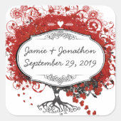 赤いハートリーフ結婚ツリー スクエアシール (正面)