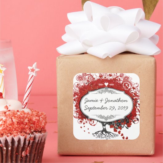 赤いハートリーフ結婚ツリー スクエアシール (パーティー)