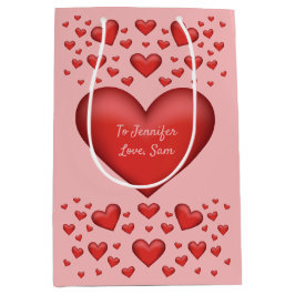 赤いハート付きカスタム文字 ミディアムペーパーバッグ