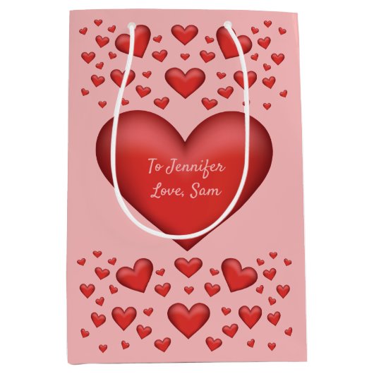 赤いハート付きカスタム文字 ミディアムペーパーバッグ (正面)