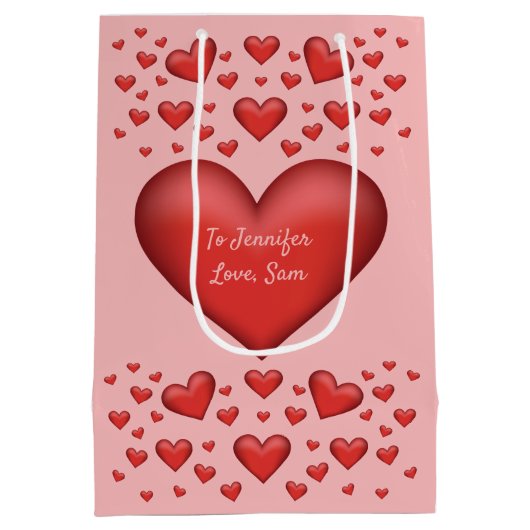 赤いハート付きカスタム文字 ミディアムペーパーバッグ (裏面)