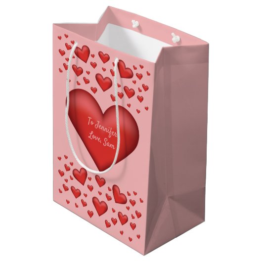 赤いハート付きカスタム文字 ミディアムペーパーバッグ (裏面アングル)
