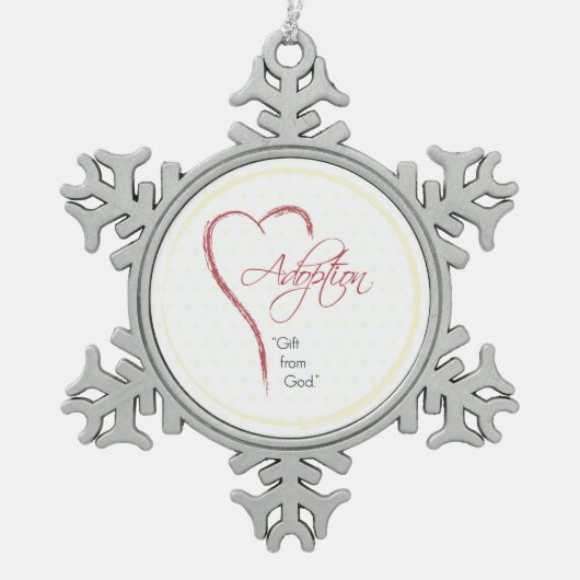 赤いハート付き採用、宗教的、黄色のドット スノーフレークピューターオーナメント (正面)