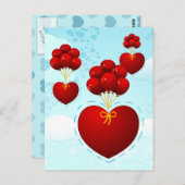 赤いハート付き風船、はがき ポストカード (正面/裏面)