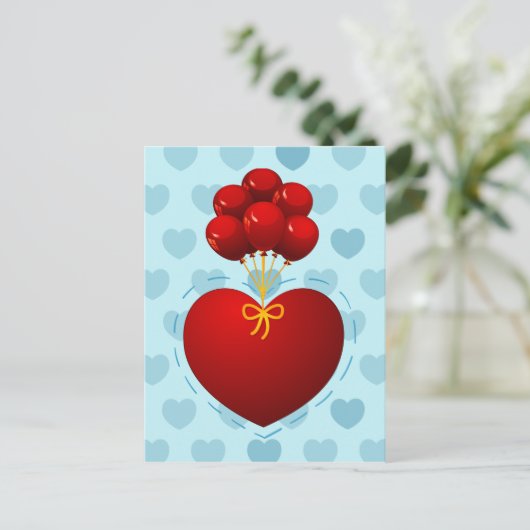 赤いハート付き風船、はがき ポストカード (スタンド正面)