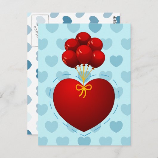 赤いハート付き風船、はがき ポストカード (正面/裏面)