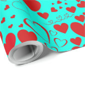 赤いハート図形のパターン(鮮やかなターコイズ) ラッピングペーパー (ロールコーナー)