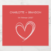 赤いハート図形の個人用設定のカップル名と日付 スパークリングワインラベル (シングルラベル)