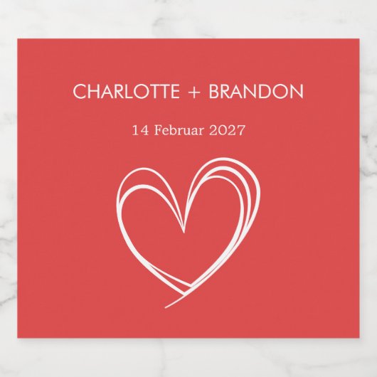 赤いハート図形の個人用設定のカップル名と日付 スパークリングワインラベル (シングルラベル)