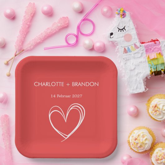 赤いハート図形の個人用設定のカップル名と日付 ペーパープレート (パーティー)