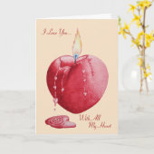 赤いハート型のキャンドルで愛の詩を燃やす カード (黄色い花)