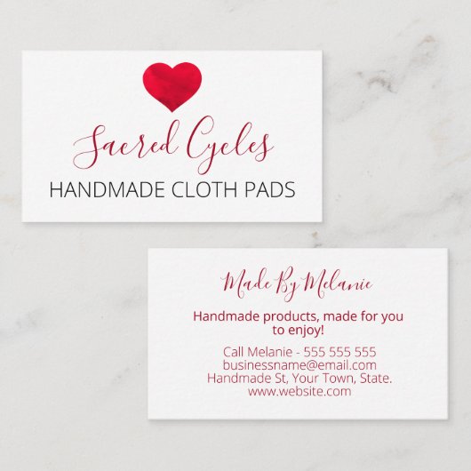 赤いハート女性用衛生布パッド手作り 名刺 (正面/裏面)