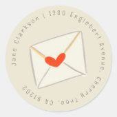 赤いハート封筒差出人住所ラベル ラウンドシール (正面)