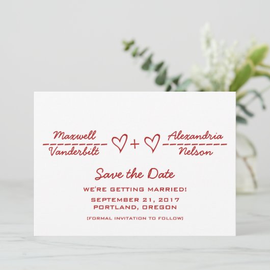 赤いハート方程式日付の保存招待状 招待状 (スタンド正面)