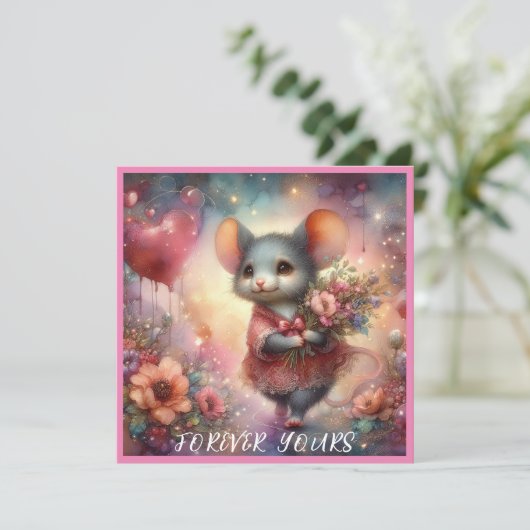 赤いハート水色バレンタインマウスクリスチャン シーズンカード (スタンド正面)