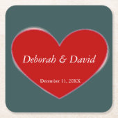 赤いハート石板グレー結婚スクリプト スクエアペーパーコースター (正面)