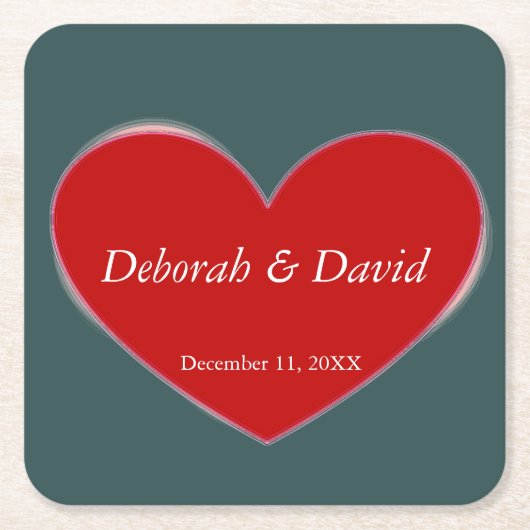 赤いハート石板グレー結婚スクリプト スクエアペーパーコースター (正面)